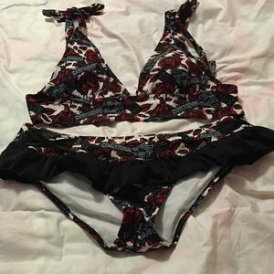 Too Fast GOTH Black & Red Floral Ruffle Bikini Set